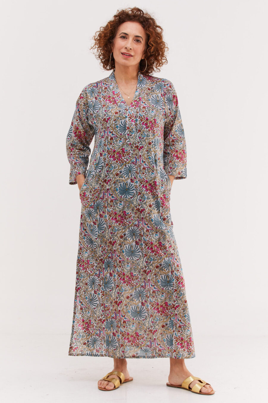 Jalabiya dress | Uniquely designed dress - Libi print, serene floral print on a grey dress by comfort zone boutique