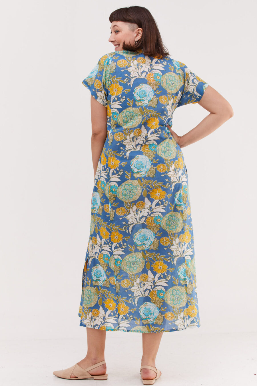 Jalabiya dress | Uniquely designed dress - Blue blossom, colorful floral print on a blue dress by comfort zone boutique