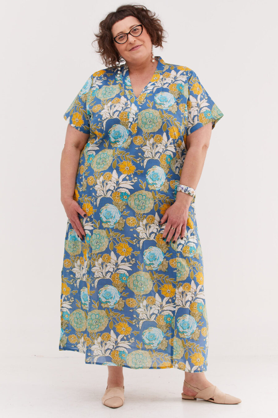 Jalabiya dress | Uniquely designed dress - Blue blossom, colorful floral print on a blue dress by comfort zone boutique