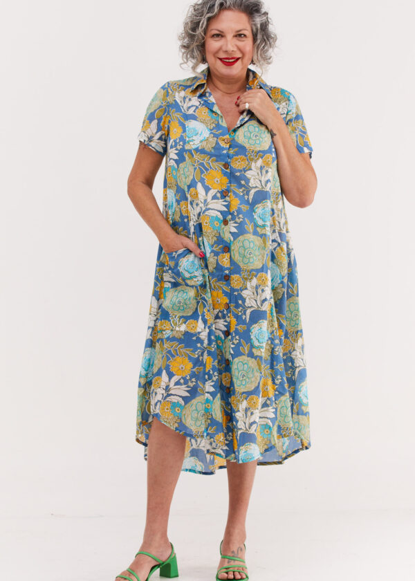 Aiya’le dress | Uniquely designed oversize dress – Blue blossom, colorful floral print on a blue dress by comfort zone boutique