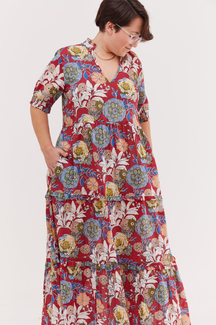 Efrat dress | Uniquely designed maxi dress - Red blossom, colorful floral print on a red dress by comfort zone boutique