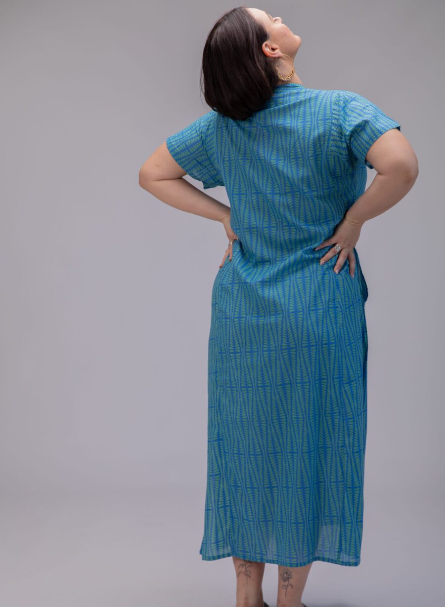 Jalabiya dress | Uniquely designed dress – Blue Agam print, blue dress with light green geometric print