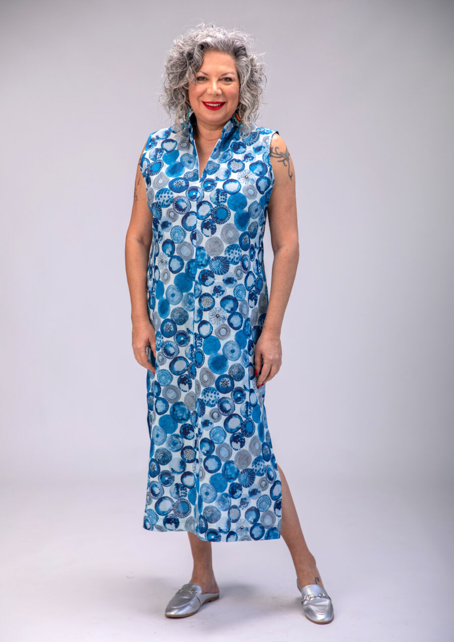 Ossi dress – Uniquely designed dress – Ocean print, white dress with blue sphere print.