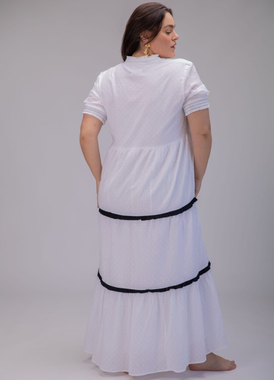 Efrat dress | Uniquely designed maxi dress - White dress with lining, with textured white circles by comfort zone boutique
