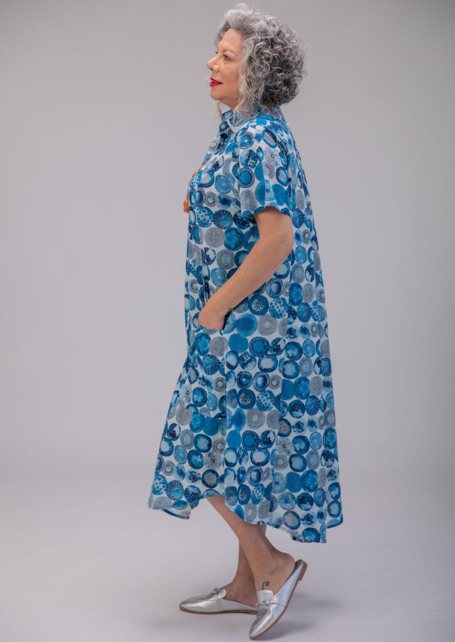 Aiya’le dress | Uniquely designed oversize dress – Ocean print, white dress with blue sphere print.