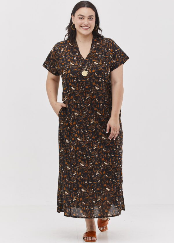 Jalabiya dress | Uniquely designed dress – Waltz print, black dress with light brown leafs and white flowers print.
