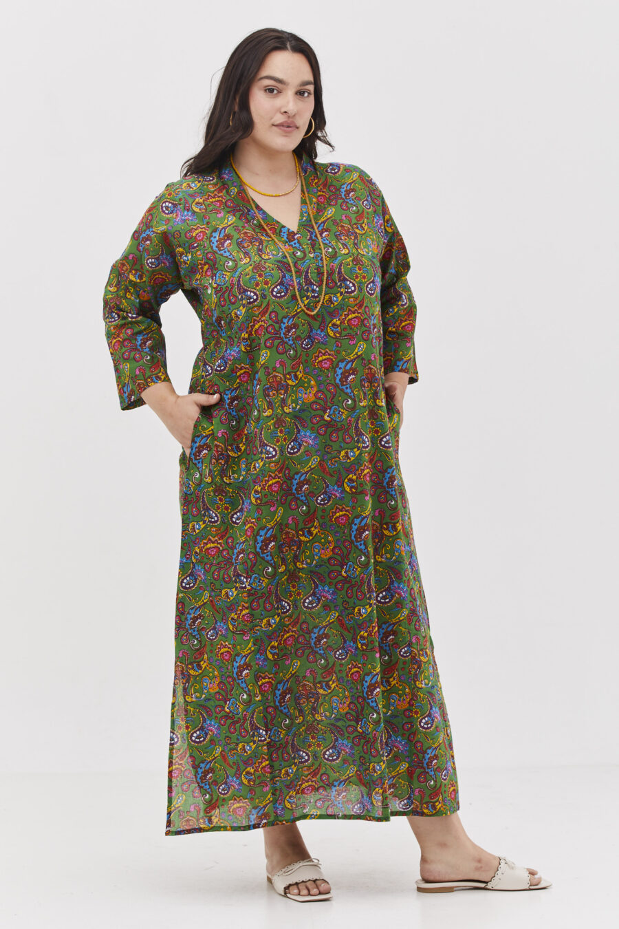 Jalabiya dress | Uniquely designed dress - Green paisley print, green dress with colorful paisley print.