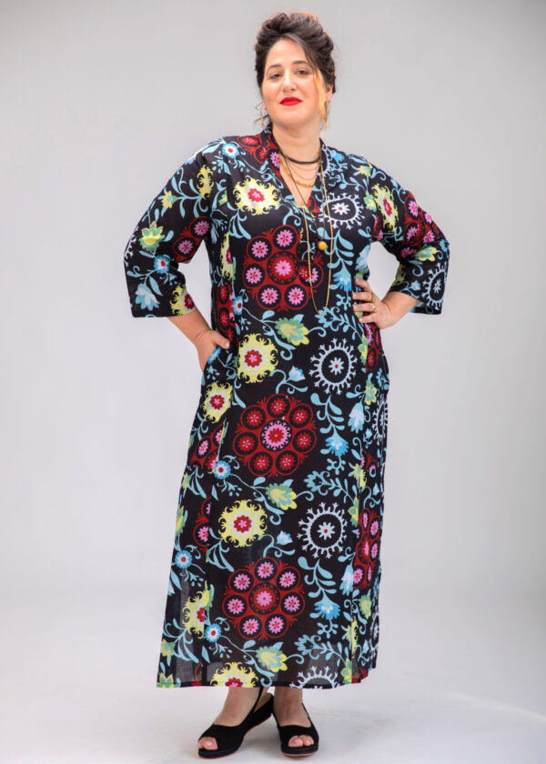 Jalabiya dress | Uniquely designed dress - Blue Suzzane, colorful mandlas print on a dark blue dress by comfort zone boutique