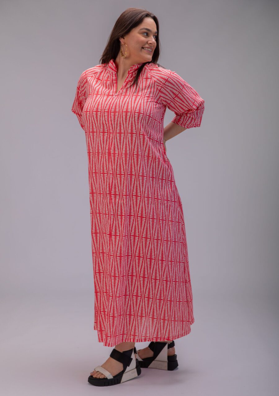 Maiko dress | Japanese dress with a unique high collar – Red Agam print, Red dress with light pink geometric print