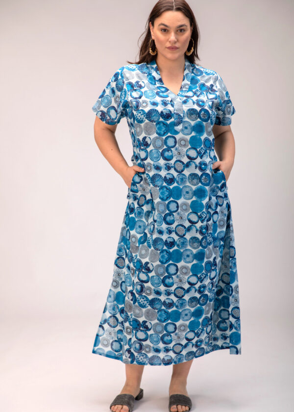Jalabiya dress | Uniquely designed dress - Ocean print, white dress with blue sphere print.