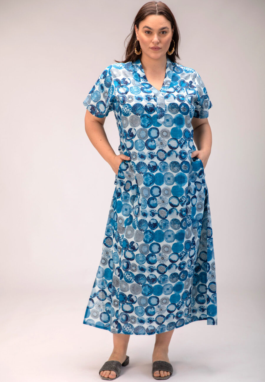 Jalabiya dress | Uniquely designed dress - Ocean print, white dress with blue sphere print.