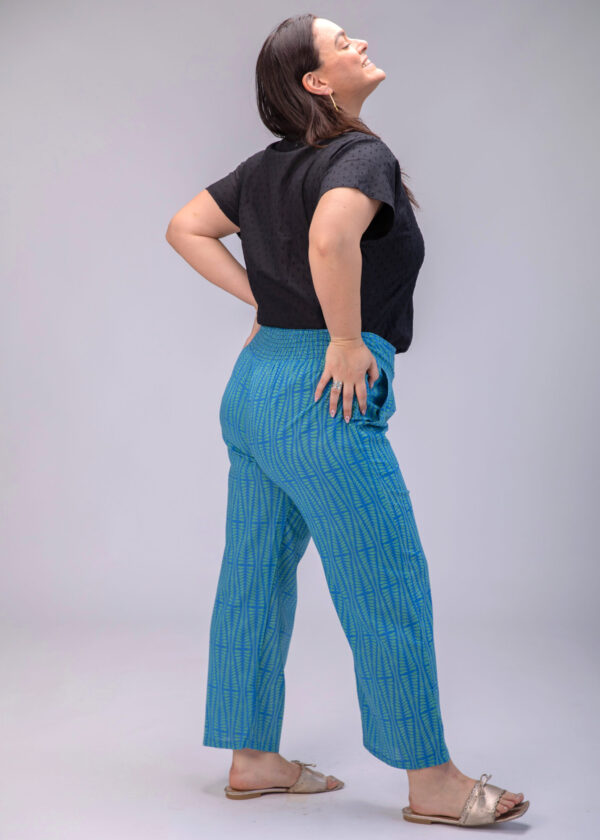 Jed pants | Uniquely designed pants - Blue Agam print, blue pants with light green geometric print