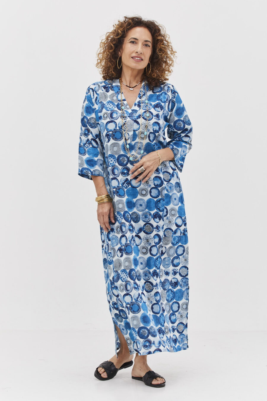 Jalabiya dress | Uniquely designed dress – Ocean print, white dress with blue sphere print.