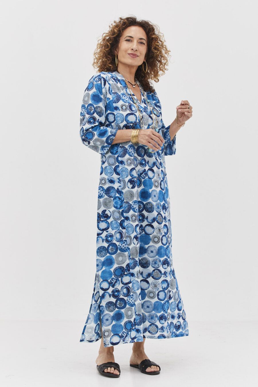 Jalabiya dress | Uniquely designed dress – Ocean print, white dress with blue sphere print.