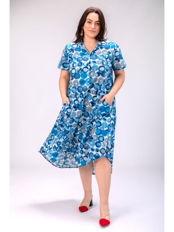 שמלת איה'לה | שמלת אוברסייז בעיצוב ייחודי - הדפס אוקיינוס, שמלה לבנה עם הדפס כדורים כחול