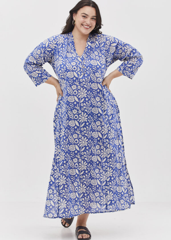 Jalabiya dress | Uniquely designed dress - Romantic blue print, Light blue dress with white flowers print.