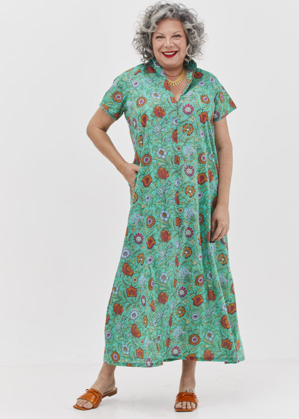 Maiko dress | Japanese dress with a unique high collar - Symphony print, cyan tunic with colorful floral print.