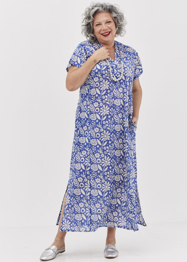 Jalabiya dress | Uniquely designed dress – Romantic blue print, Light blue dress with white flowers print.