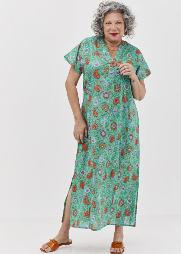 Jalabiya dress | Uniquely designed dress - Symphony print, cyan dress with colorful floral print.