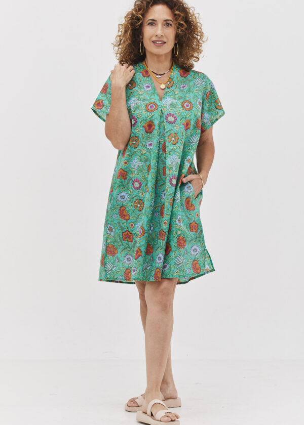 Sigi dress - Colorful and Unique Short Oversized Dress - Symphony print, cyan dress-tunic with colorful floral print.