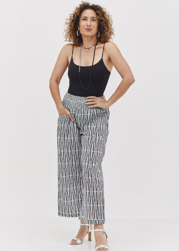 Harmony pants | Flattering and comfortable pants – White agam print, white pants with black geometric print. by Comfort Zone Boutique